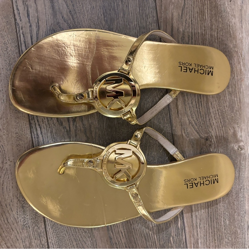Michael Kors Gold Thong Sandals | MK Logo | Women’s 7.5 - Picture 3 of 5